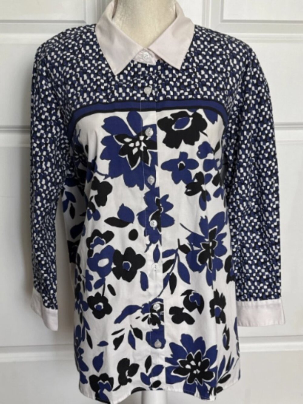 Bob Mackie Wearable Art Women's White & Blue Floral Button Up Cotton Tunic Sz 1X
